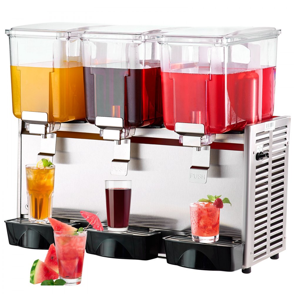 VEVOR Commercial Beverage Dispenser, 13.6 Qt 12L 3 Tanks Ice Tea Drink Machine, 620W 304 Stainless Steel Juice Dispenser with 41℉-53.6℉ Thermostat Controller, for Cold Drink Restaurant Hotel Party - DLYLJ12L3620WSZ85V1