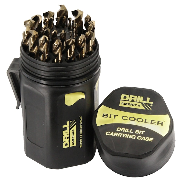 Drill America 29 Piece Cobalt Jobber Length Drill Bit Set, 1/16" - 1/2", Round Bit Cooler Case, D/ACO Series - D/A29J-CO-PC