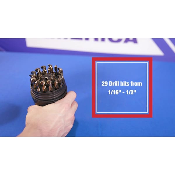 Drill America 29 Piece Cobalt Jobber Length Drill Bit Set, 1/16" - 1/2", Round Bit Cooler Case, D/ACO Series - D/A29J-CO-PC