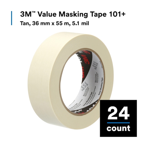 Cinta de enmascarar 3M™ 101+, 5.1 mil, 1 1/2" x 60 yardas, Beige, 24 cajas - T936101