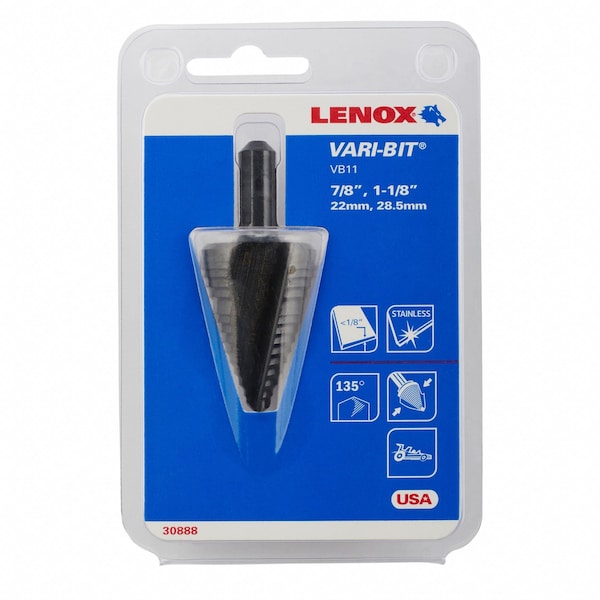 Lenox Step Drill Bit, 2 Hole Sizes, 7/8 in to 1-1/8 in, 1/4 in Step Increments, Straight with Three Flats - 30888VB11