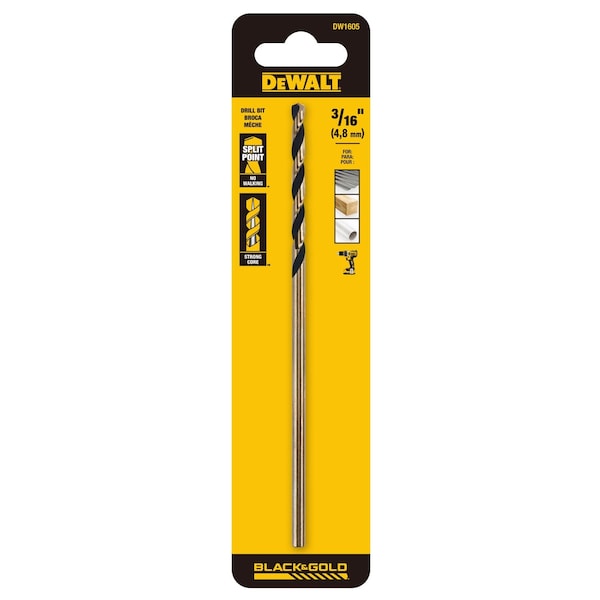 Dewalt 3/16" x 6" Aircraft Black Oxide Drill Bit - DW1605