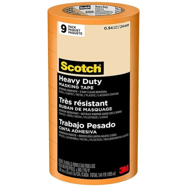Cinta de enmascarar Scotch de uso rudo color naranja de .94" x 60 yardas para contratistas, paquete de 9 - 2020+-24AP9