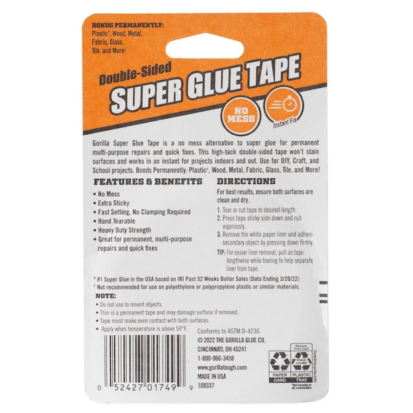 Gorila Super Glue Double Sided 5/8 in. de ancho X 20 yardas de largo Cinta de Doble Cara Blanca, paquete de 6 - 109340