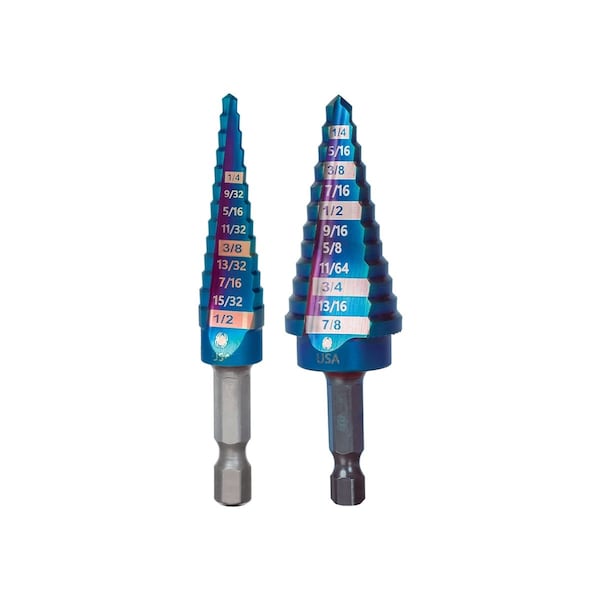 Spyder 2pc Step Bit Set, Mach-Blue Hex Shank, 1/8''-1/2'' & 3/16''-7/8'' - 19025