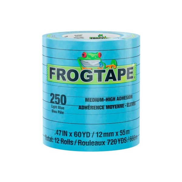 Cinta para enmascarar de grado de rendimiento FrogTape de Shurtape, temperatura moderada, azul claro, 12mm x 55m - Caja de 96 - 105325.