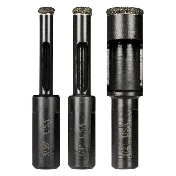 Montana Brand 3 Piece Diamond/Tile Drill Set, 3/16", 1/4", 1/2", Hex Shank - MB-65230