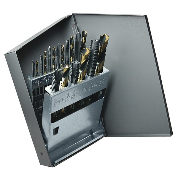 Cle-Line 18PC #36, #29, #25, #21, #7, F, 5/16, U, 27/64 HSS Blk&Gld HD Jobber Dril & Spiral Pnt Tap Set Cle-Line 1878 - C21192