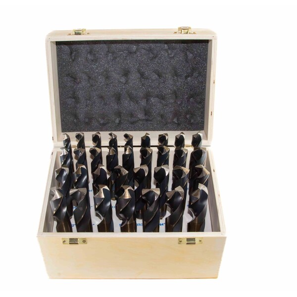 Drill America 33 Piece HSS Black & Gold Drill Bit Set with Reduced 1/2" 3-Flat Shank, 1/2" - 1", Wood Case - KFD833SD-WOOD