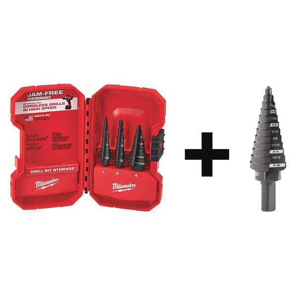 Milwaukee Tool 4-Piece Step Drill Bit Set: No. 1 & No. 2 Step Drill Bit, No. 4 Step Drill Bit (2), Carrying Case - 48-89-9221, 48-89-9204