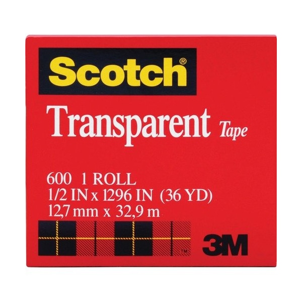 Cinta de oficina comercial 3M, rollo transparente de 1/2X1296 pulgadas, paquete de 12 - MMM600121296PK