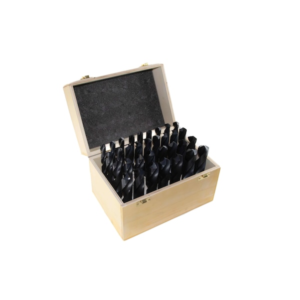Drill America 33 Piece HSS Black Oxide Reduced Shank HSS Drill Bit Set, 1/2" - 1", Wood Case - DWD833SD-WOOD
