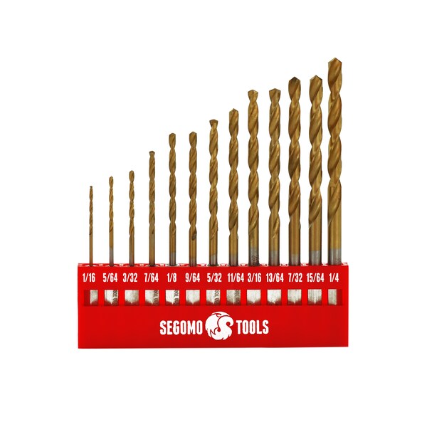 Segomo Tools 13 Piece 1/4" Hex Shank Titanium Twist Drill Bit Set (1/16" to 1/4") - M04091