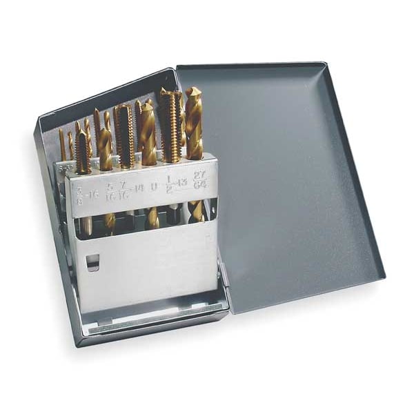 Chicago-Latrobe 18PC Jobber Drill and Plug Hand Tap 150TN/1002 Set CL TiN HSS 9PC #36, #29, #25, #21, #7, F, 5/16, U, 27/64 - 52590