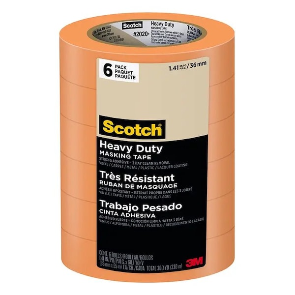 Cinta de enmascarar Scotch resistente para contratistas 1.41" x 60 yardas, naranja, paquete de 6 - 2020+-36AP6