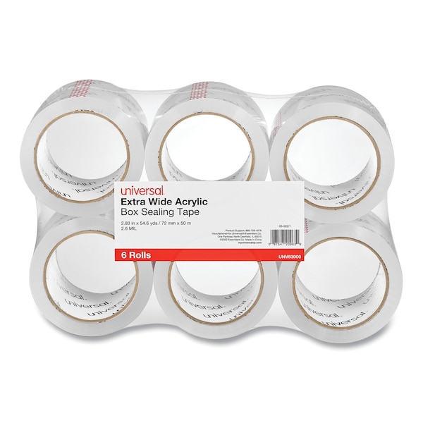 Cinta adhesiva de embalaje y almacenamiento extra ancha Universal, núcleo de 3 pulgadas, 2.83 pulgadas x 54.7 yardas, transparente, paquete de 6 - UNV83000