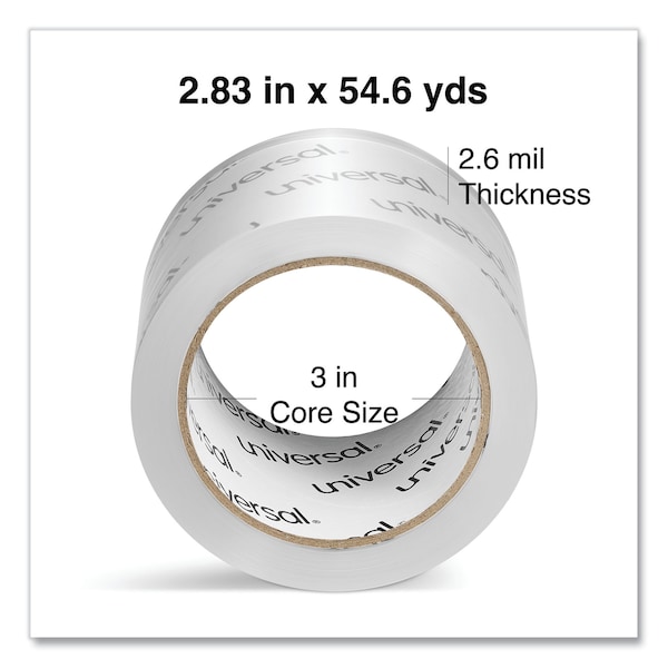 Cinta adhesiva de embalaje y almacenamiento extra ancha Universal, núcleo de 3 pulgadas, 2.83 pulgadas x 54.7 yardas, transparente, paquete de 6 - UNV83000