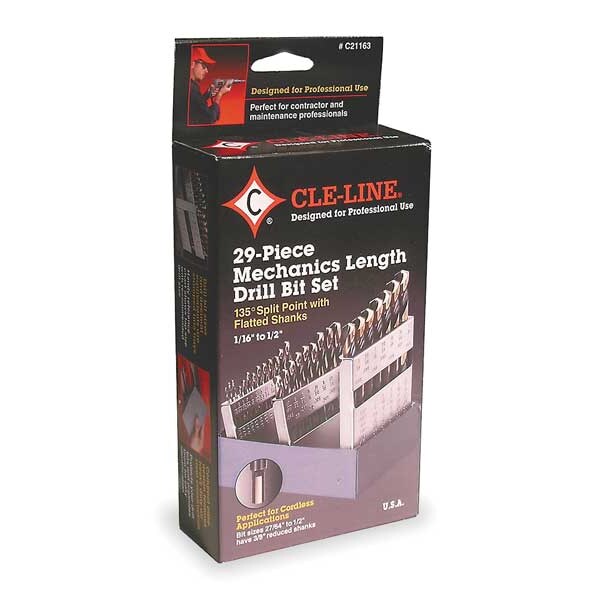 Cle-Line 29PC 135 Degree Heavy-Duty Mechanics Length Drill Set Cle-Line 1876 Black & Gold HSS 1/16-1/2x1/64 - C21163