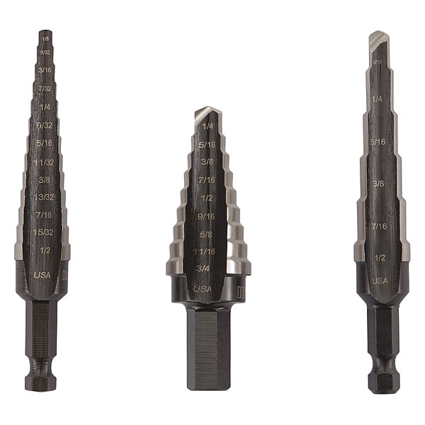 Irwin Step Drill Bit Set, Bright Finish, High Speed Steel, Black Oxide, 3-Piece - 10502ZR