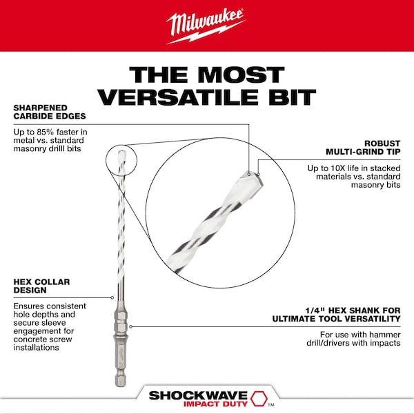 Milwaukee Tool 3/16 in. x 6 in. SHOCKWAVE Impact Duty Carbide Multi-Material Drill Bit for Concrete Screws - 48-20-8876