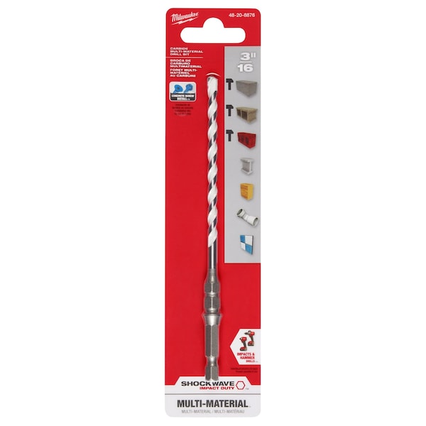 Milwaukee Tool 3/16 in. x 6 in. SHOCKWAVE Impact Duty Carbide Multi-Material Drill Bit for Concrete Screws - 48-20-8876
