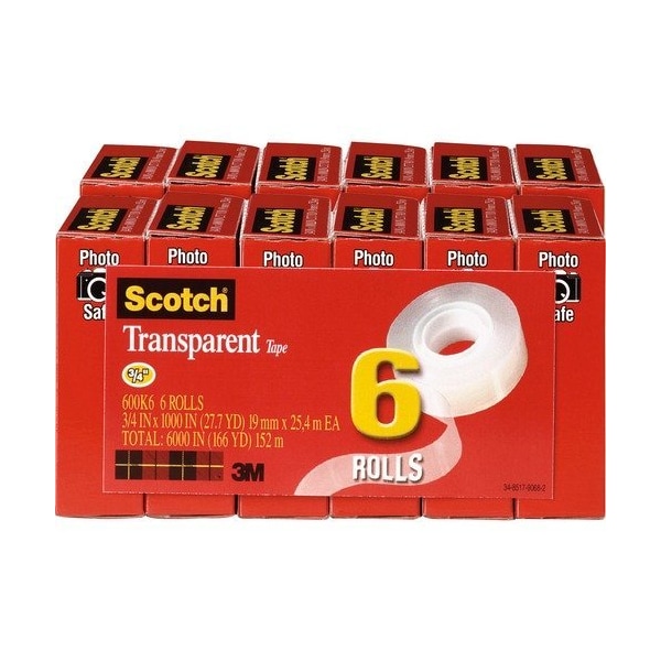 Cinta adhesiva comercial para oficina de 3M, rollo, transparente, 3/4X1000, paquete de 6 - MMM600K6BD.