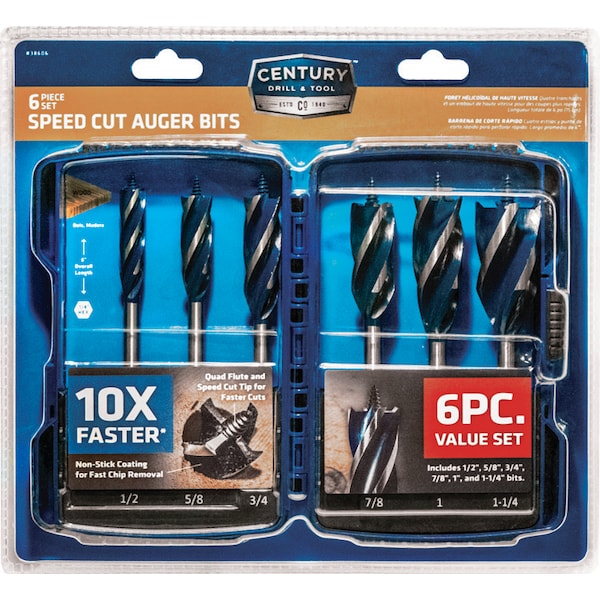 Century Drill & Tool Speed Cut Auger Bit Set 6Pc 1/2" 5/8" 3/4" 7/8" 1" Overall Length 6" - 38606