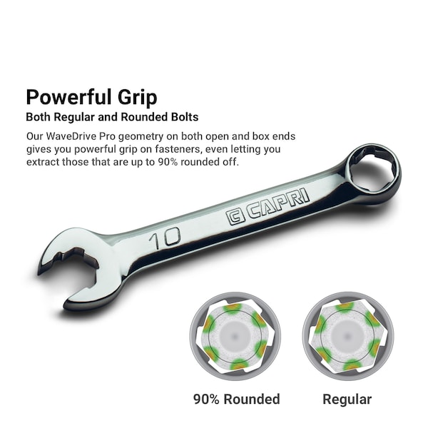 Llave combinada Capri Tools 19 mm WaveDrive Pro Stubby para pernos regulares y redondeados - CP11750-M19SB