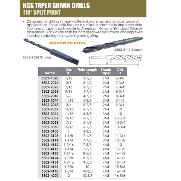 H & H Industrial Products 3Mt Taper Shank Drill 1x6-3/8x11" - 5302-3100