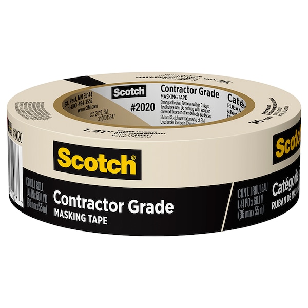 Cinta adhesiva para contratistas Scotch de grado Masking de 1.41" x 60 Yds - 2020-36AP en color beige.