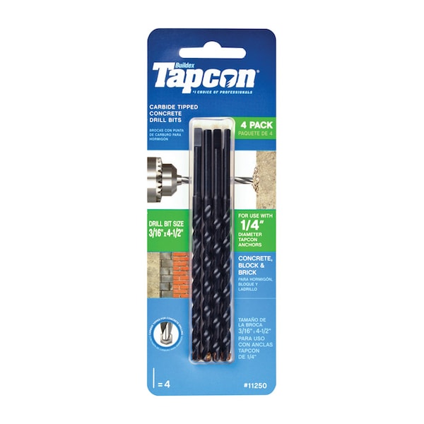 Itw Tapcon 3/16 in. X 4-1/2 in. L Carbide Tipped Concrete Masonry Drill Bit Set Straight Shank 4 pk - 11250