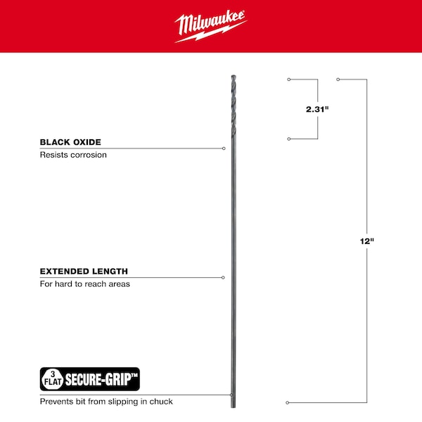 Milwaukee Tool 3/16" x 12" Aircraft Length Black Oxide Drill Bit - 48-89-2771