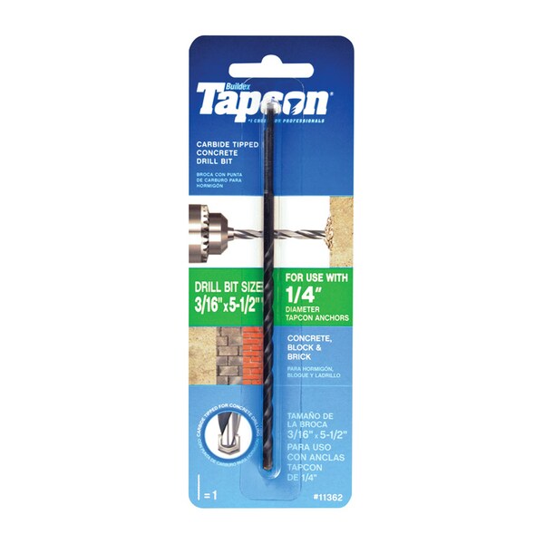 Itw Tapcon 3/16 in. X 5-1/2 in. L Carbide Tipped Concrete Drill Bit Straight Shank 1 pc - 11362