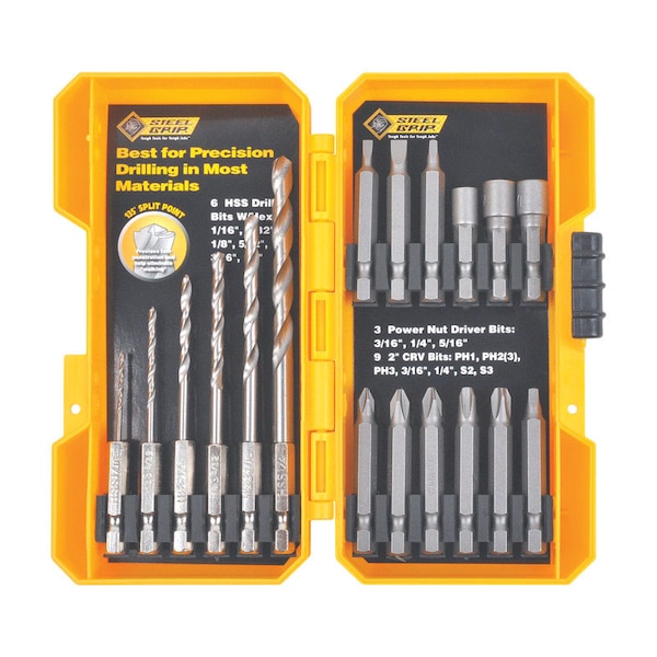 Steel Grip Steel Grip High Speed Steel Drill and Driver Bit Set Hex Shank 18 pc - DR62514A