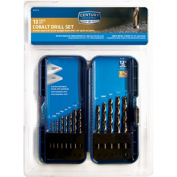Century Drill & Tool Cobalt Drill Bit 13Pc Set 1/16" To 1/4" By 64Ths - 26513