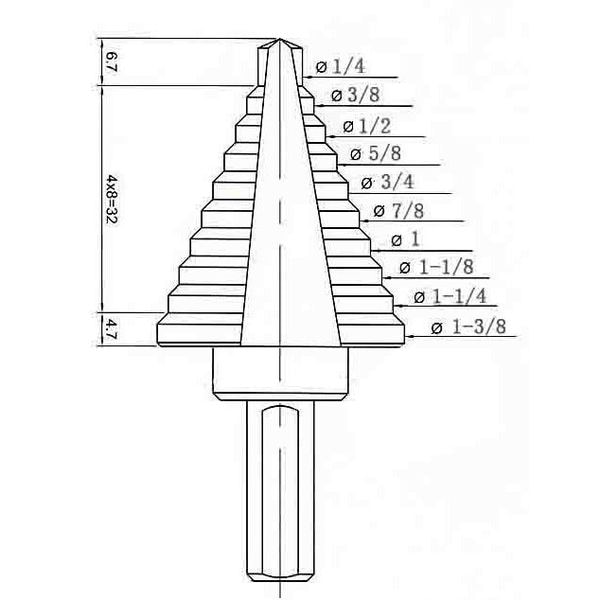 Westward Step Drill Bit, 10 Hole Sizes, 1/4 in to 1-3/8 in, 1/16 in Step Increments, Black Oxide - 6EXN5
