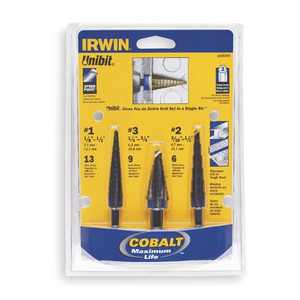 Irwin HSS Cobalt Alloy Steel Step Drill Bit Set, 3-Piece, #1, #2 & #3 - 10502CB