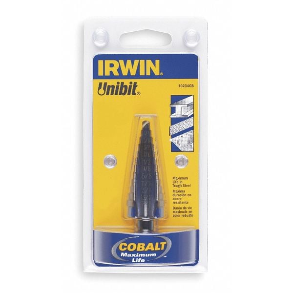 Irwin Step Drill Bit, 9 Hole Sizes, 1/4 in to 3/4 in, 1/16 Step Increments, Hex Shank, Cobalt Alloy Steel - 10233CB
