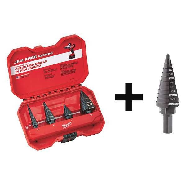 Milwaukee Tool No. 4 Step Drill Bit, 3/16" - 7/8" by 1/16" + Step Drill Bit Set - 4PC - 48-89-9223, 48-89-9204