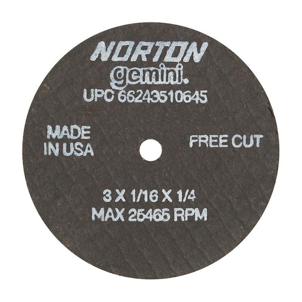 Norton Co SMALL CUT-OFF BLADES, Type 1 - Metal - Gemini Aluminum Oxide, Size: 3 x 1/16 x 1/4, Max RPM: 25465 - 662435-10645
