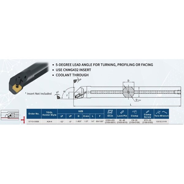 H & H Industrial Products Harlingen A24MCLNR4 Coolant Thru Indexable Boring Bar Tool Holder - 9710-0008