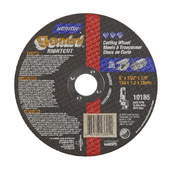 Norton Co Right Angle Cut-Off Blade Type 1 Metal-Gemini Aluminum Oxide, 6 x 3/32 x 7/8, Max RPM: 10185 - 662528-23601