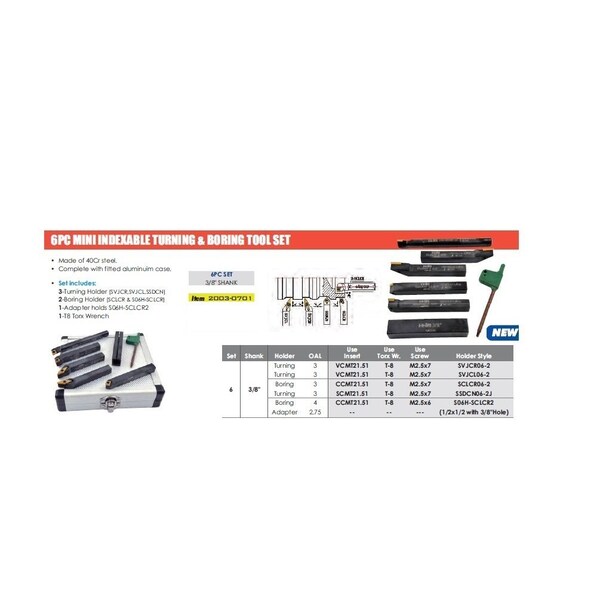 H & H Industrial Products 6 Piece 3/8" Mini Turning & Boring Tool Holder Set - 2003-0701