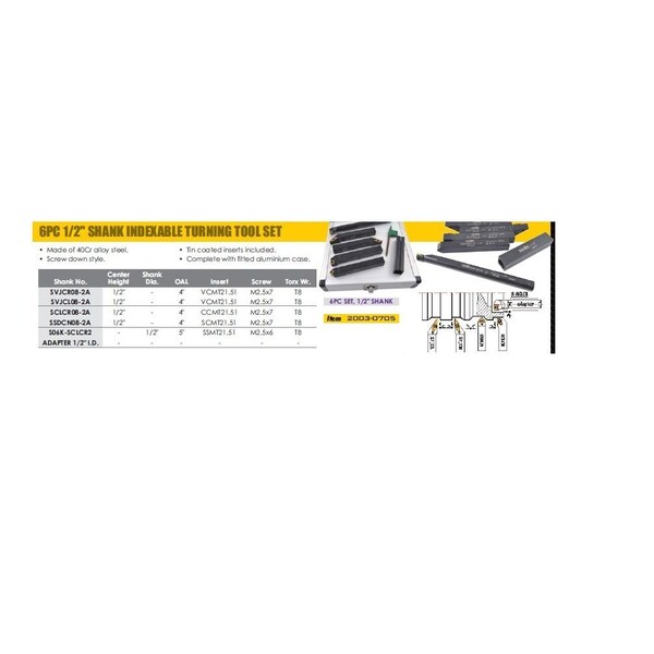 H & H Industrial Products 6 Piece 1/2" Shank Indexable Turning Tool Holder Set - 2003-0705