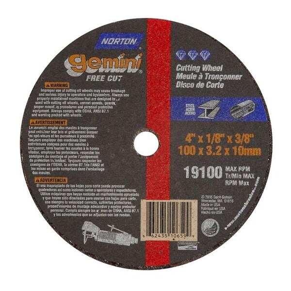 Norton Co SMALL CUT-OFF BLADES, Type 1 - Metal - Gemini Aluminum Oxide, Size: 4 x 1/8 x 3/8, Max RPM: 19100 - 662435-10659