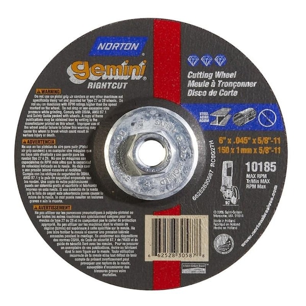 Norton Co Right Angle Cut-Off Blade Type 27 Metal-Aluminum Oxide, 6 x .045 x 5/8-11, Max RPM: 10185 - 662528-30587