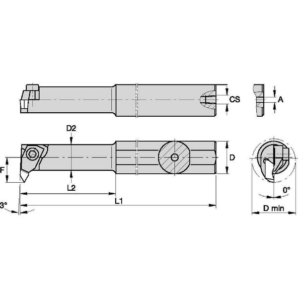 Widia Indexable Thread Turning Tool Holder, A06NER1, 6 in L, High Speed Steel, Top Notch Insert Shape - A06NER1