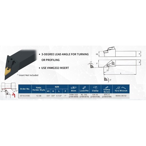 H & H Industrial Products Harlingen MVJNR123B Indexable Turning Tool Holder - 9710-0195