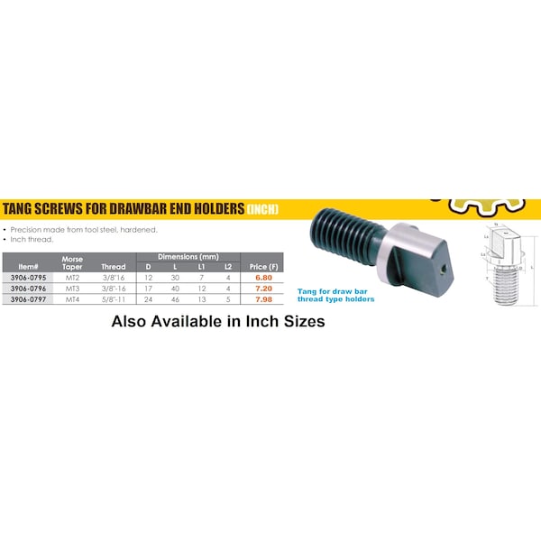Hhip 3/8-16 Tang Screw for MT2 Drawbar End Holders - 3906-0795
