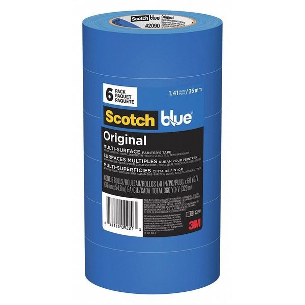Cinta para pintor de 3M, 1 7/16 pulgadas de ancho x 60 yardas de largo, 5.4 mil de espesor, azul, Scotch Blue 2090, paquete de 6 - 2090-36QC6
